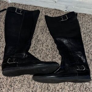 Black Leather Flat Knee-High Boots with Buckle Detail Sz 8M by Nine West